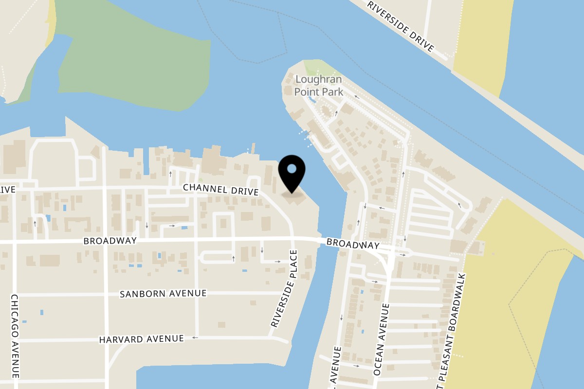 Map showing the location of Shore Fresh Seafood Market & Restaurant Point Pleasant Beach on 57 Channel Dr in Point Pleasant Beach